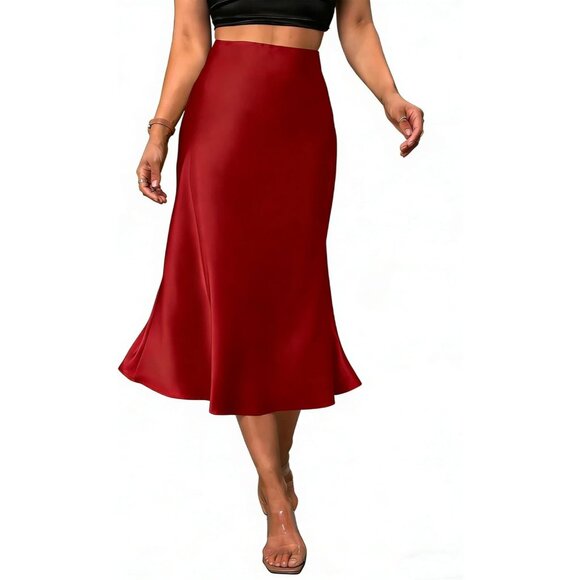 Women's Red Satin Elegant Fishtail Silk A Line Casual Shiny luxurious Midi Skirt